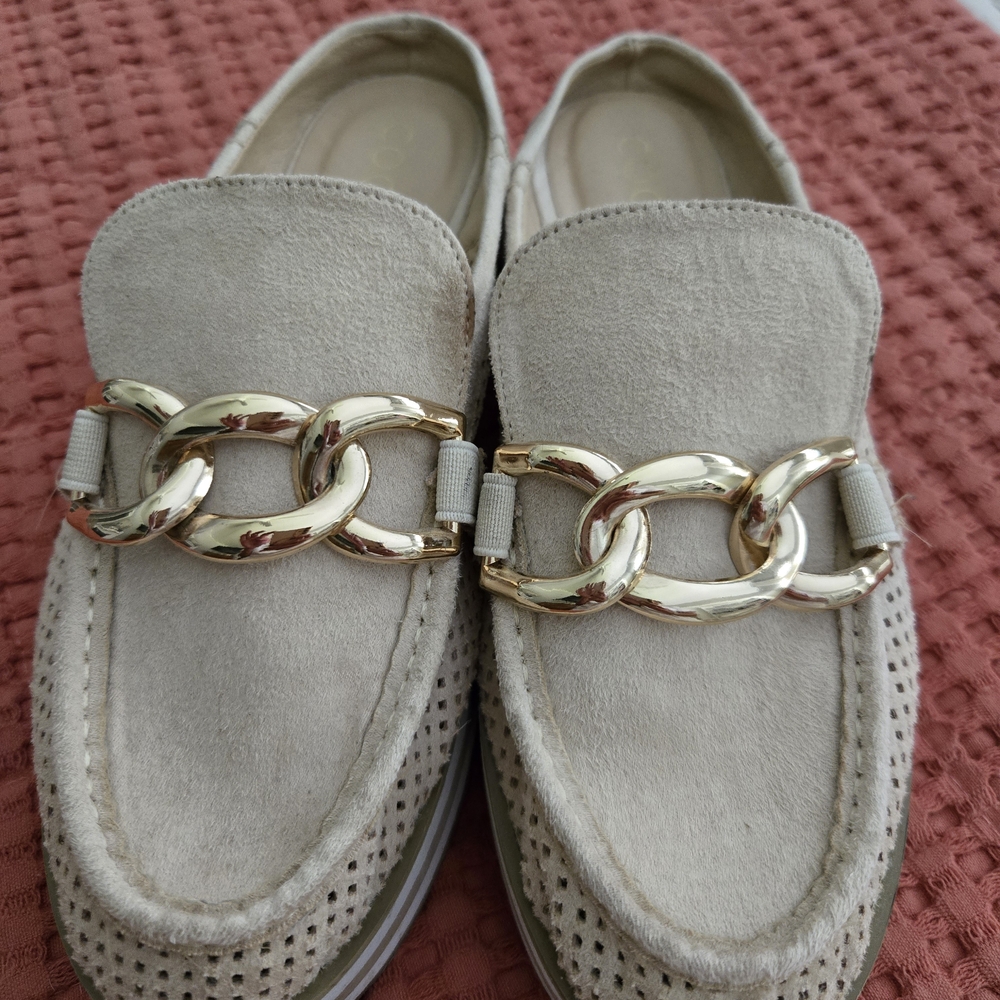 Beige Suede Loafers with Gold Chain